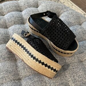 Tory Burch Dandy Platform Woven Slingback Leather Sandals